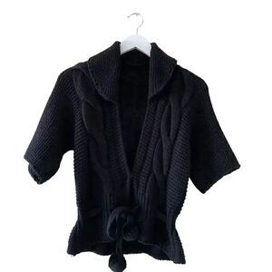 Black Knit Open Front Tie Snap Button Closure ¾ Sleeves Sweater Women’s Cardigan
